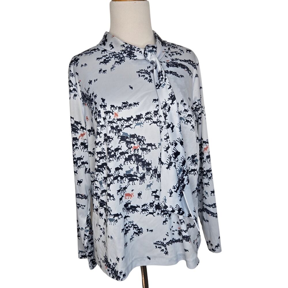Vintage 1970s Women Moose Print Blouse Novelty Unique Animals Neck Tie Large